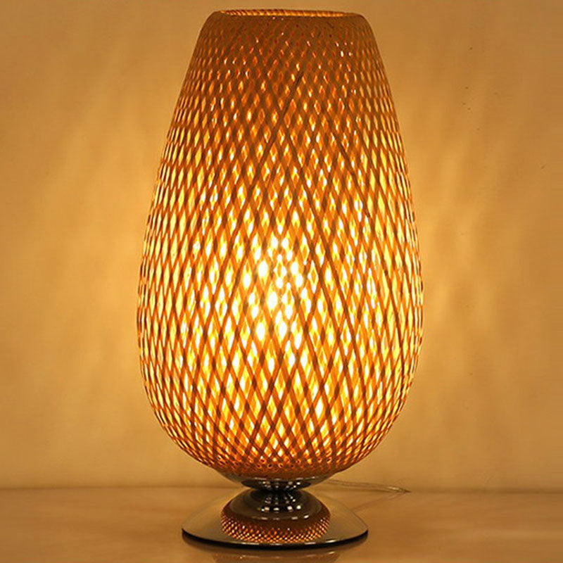 Sleek Egg-Like Rattan Bedside Table Lamp - Single-Bulb Nightstand Light With Wood Accent