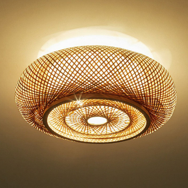 Contemporary Round Bamboo Flush Ceiling Light For Single Bedroom - Wood Finish
