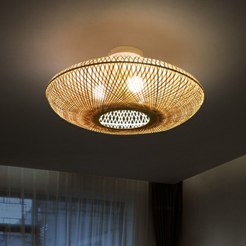 Bamboo Flush Mount Lantern Lighting: Minimalist Wood Design For Bedroom With 3 Bulbs