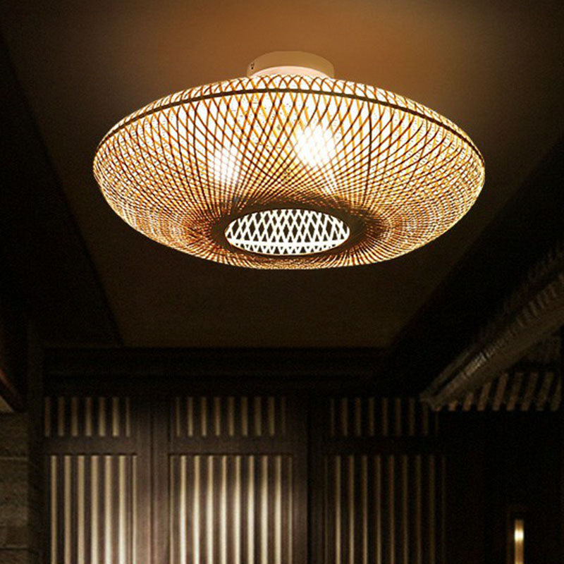 Bamboo Flush Mount Lantern Lighting: Minimalist Wood Design For Bedroom With 3 Bulbs