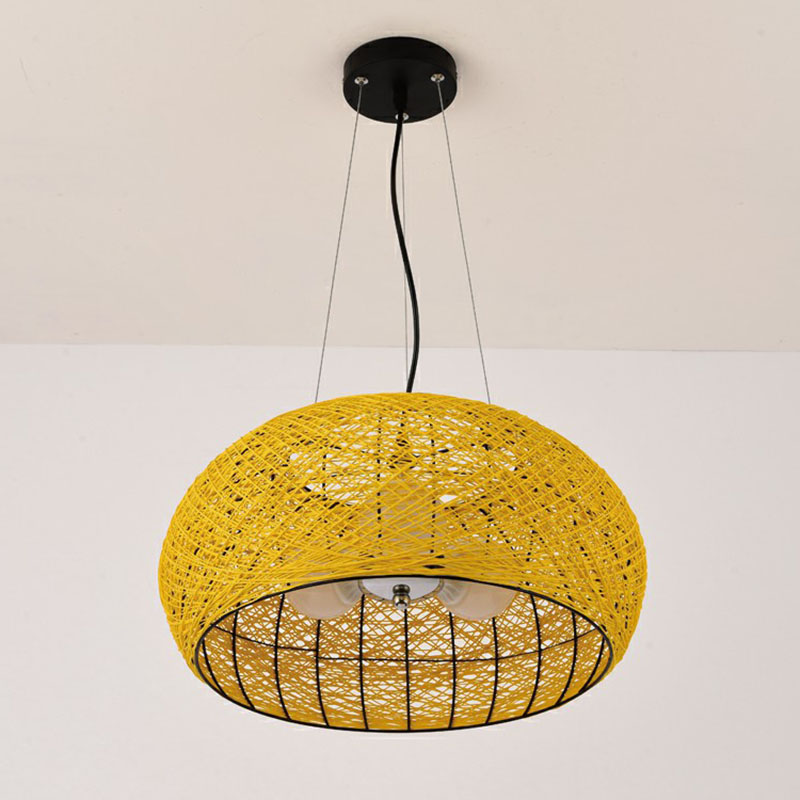 South-East Asian Rattan Curved Drum Ceiling Chandelier With 3 Heads - Lighting Fixture Golden