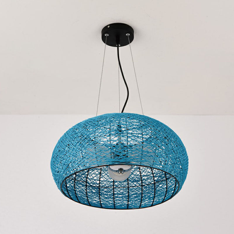 South-East Asian Rattan Curved Drum Ceiling Chandelier With 3 Heads - Lighting Fixture Blue