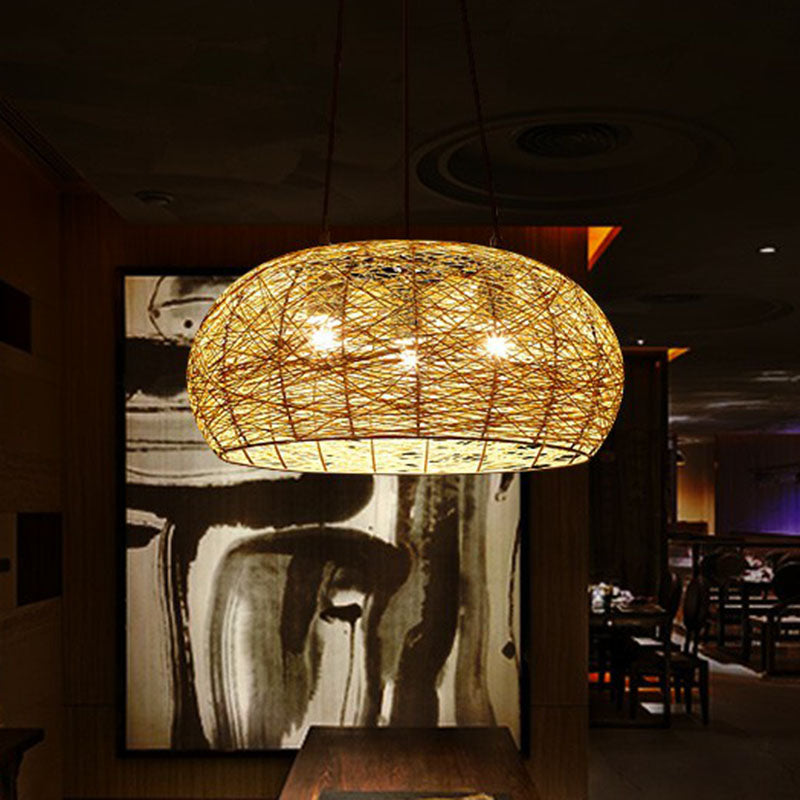 Chinese Dome Rattan Chandelier With 3 Pendant Lights For Restaurants