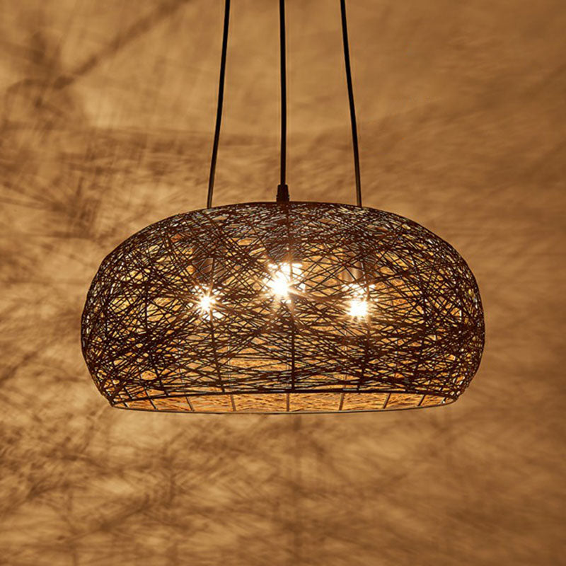 Chinese Dome Rattan Chandelier With 3 Pendant Lights For Restaurants