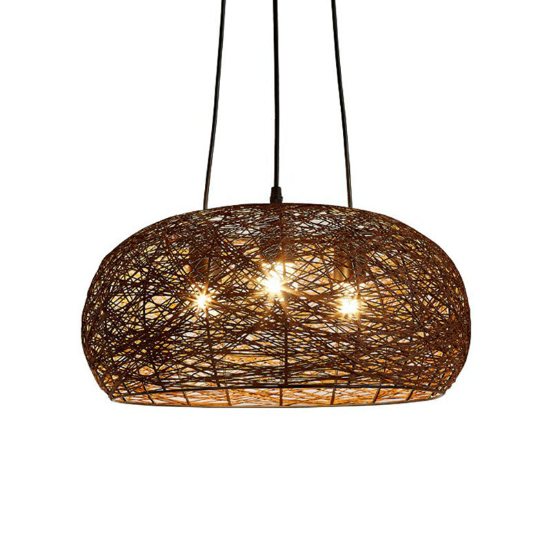 Chinese Dome Rattan Chandelier With 3 Pendant Lights For Restaurants