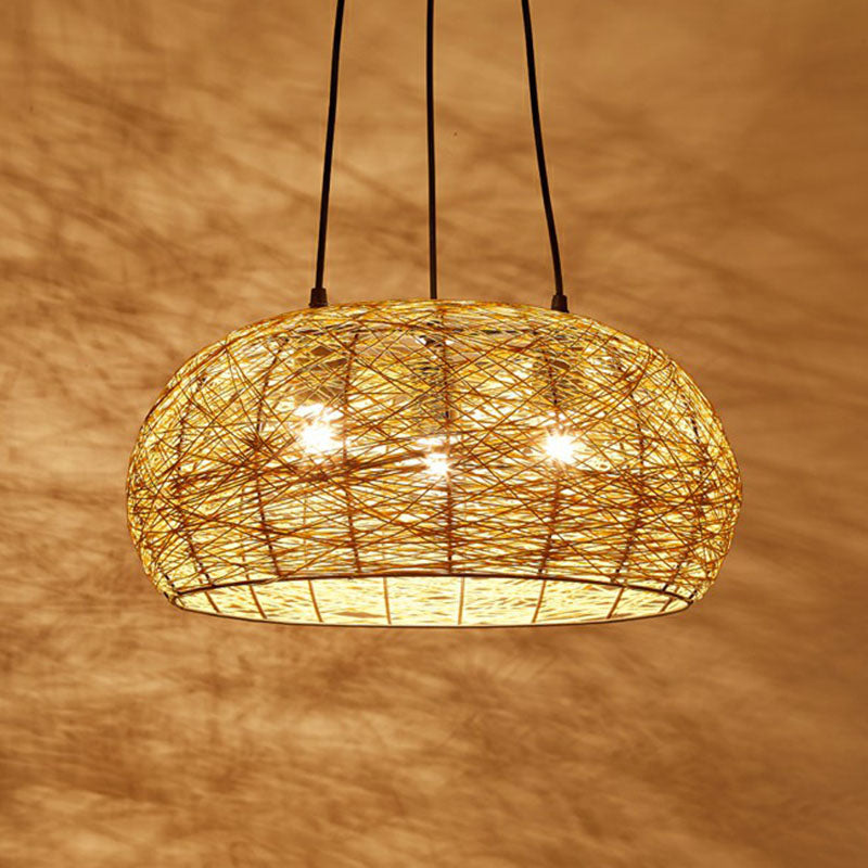 Chinese Dome Rattan Chandelier With 3 Pendant Lights For Restaurants