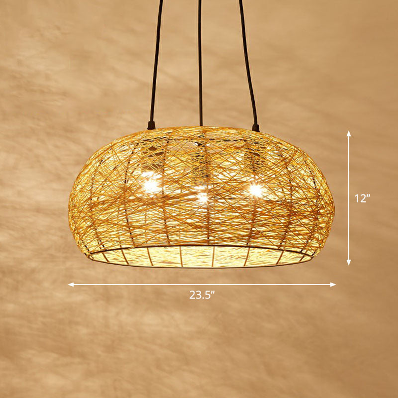 Chinese Dome Rattan Chandelier With 3 Pendant Lights For Restaurants