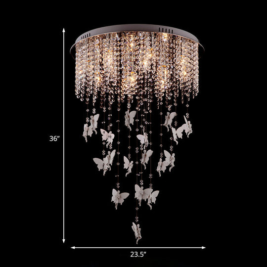 Modernist Flushmount Ceiling Light - Silver Round, Cascading Glass Crystals, 5/8/10 Lights, 16"/19.5"/23.5"W