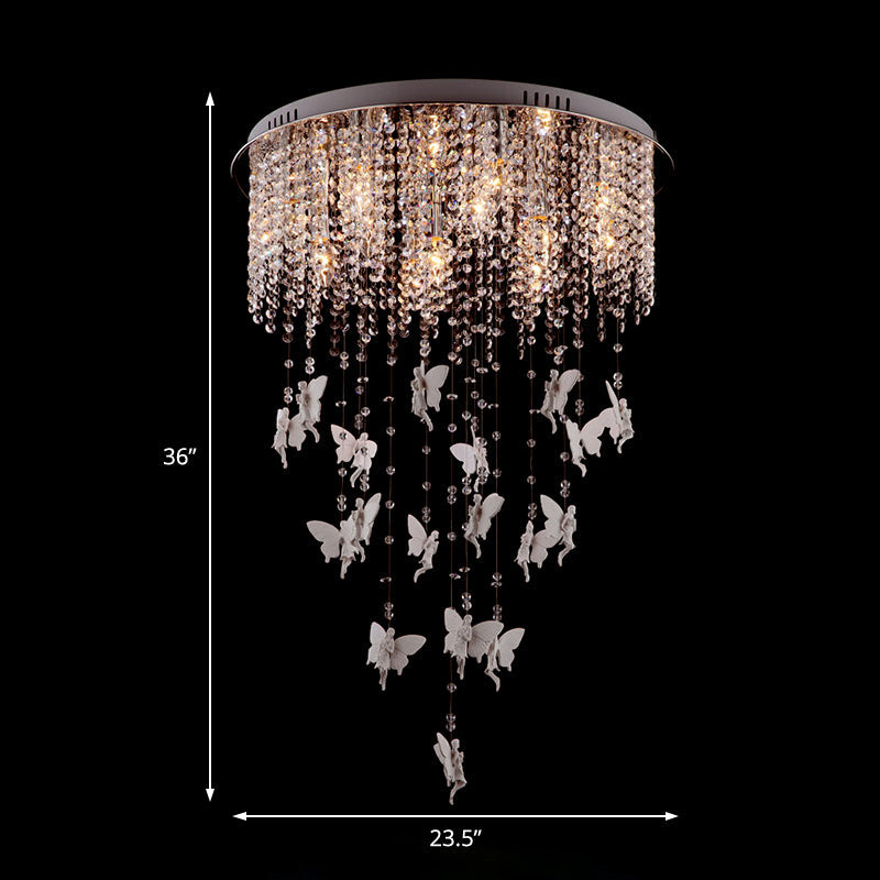 Silver Round Flush Ceiling Light - Modernist Cascading Glass Crystal Shade 5/8/10 Lights