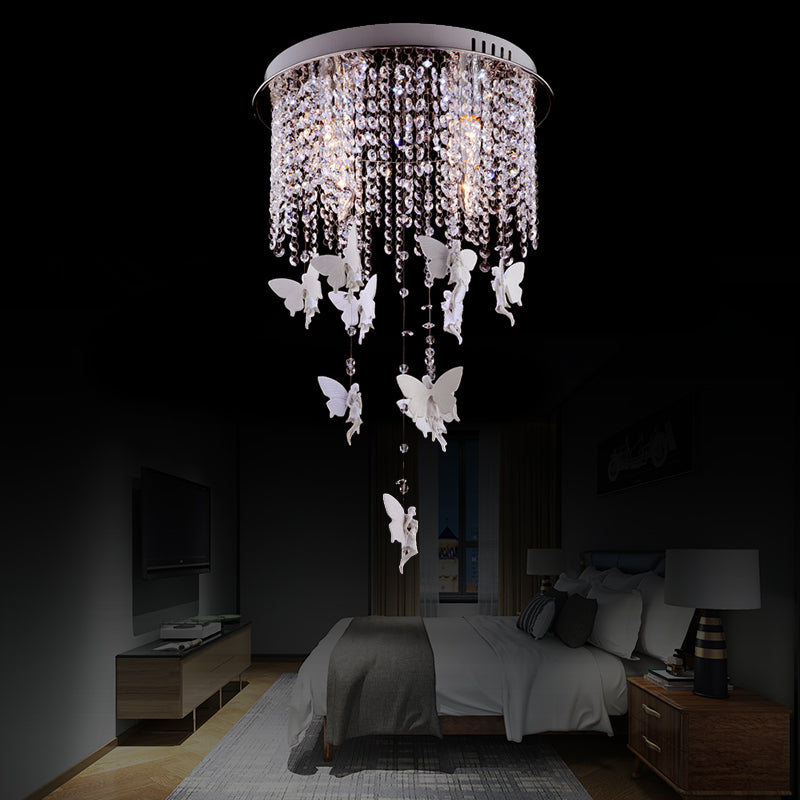 Silver Round Flush Ceiling Light - Modernist Cascading Glass Crystal Shade 5/8/10 Lights