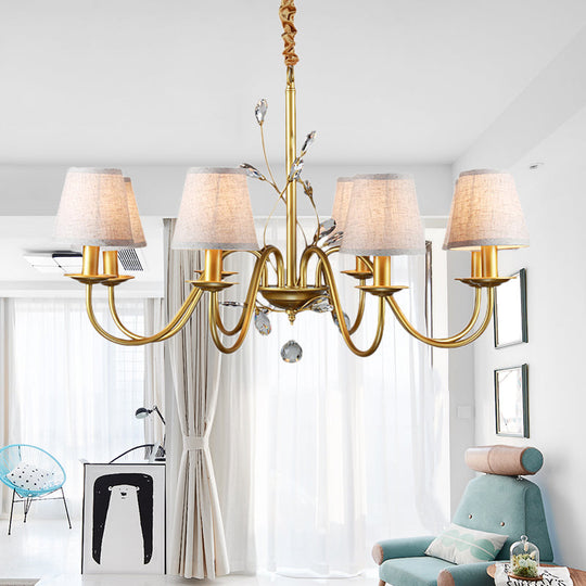 Contemporary Flared Pendant Chandelier - Fabric Shaded 6/8 Lights Brass Ceiling Fixture With Crystal