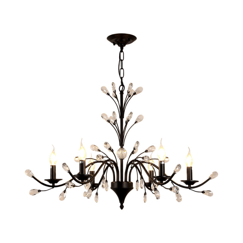 Modern Black Floral Iron Chandelier - 3/6/9-Light Dining Room Pendant With Crystal Draping