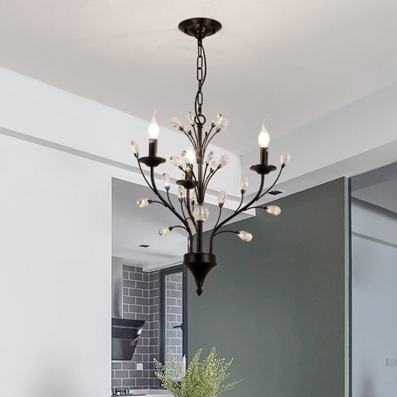Modern Black Floral Iron Chandelier - 3/6/9-Light Dining Room Pendant With Crystal Draping 3 /