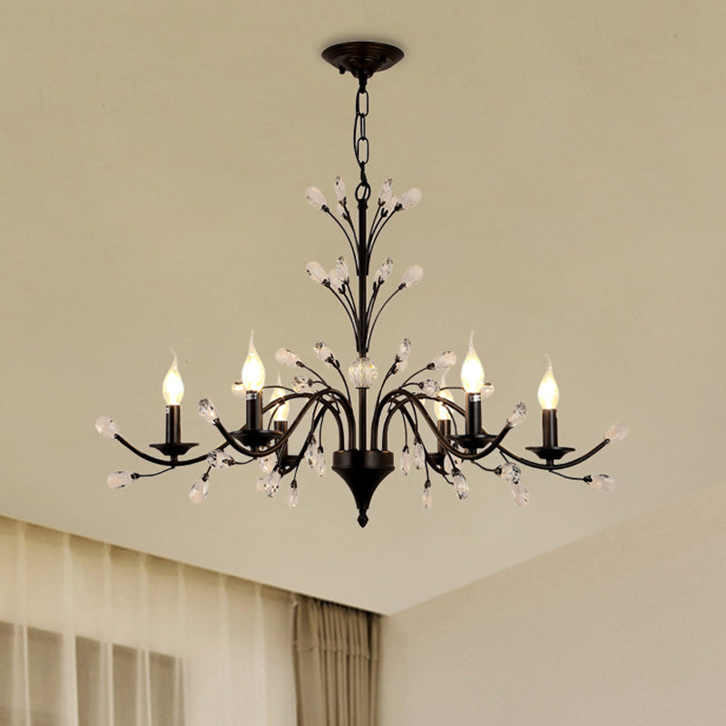 Modern Black Floral Iron Chandelier - 3/6/9-Light Dining Room Pendant With Crystal Draping 6 /