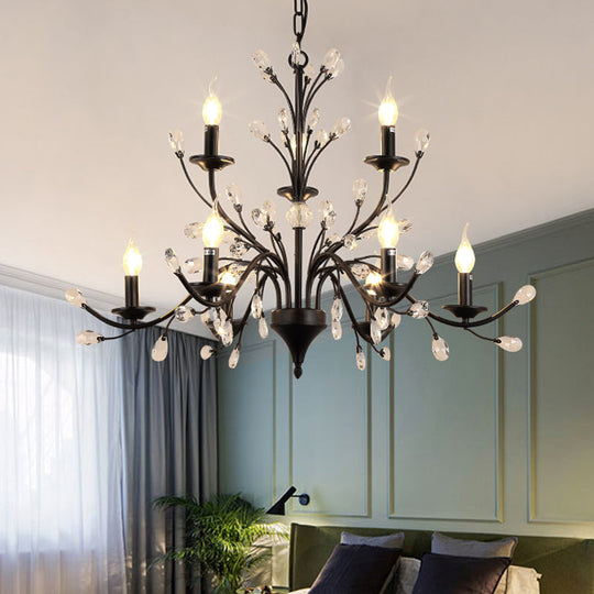 Modern Black Floral Iron Chandelier - 3/6/9-Light Dining Room Pendant With Crystal Draping 9 /