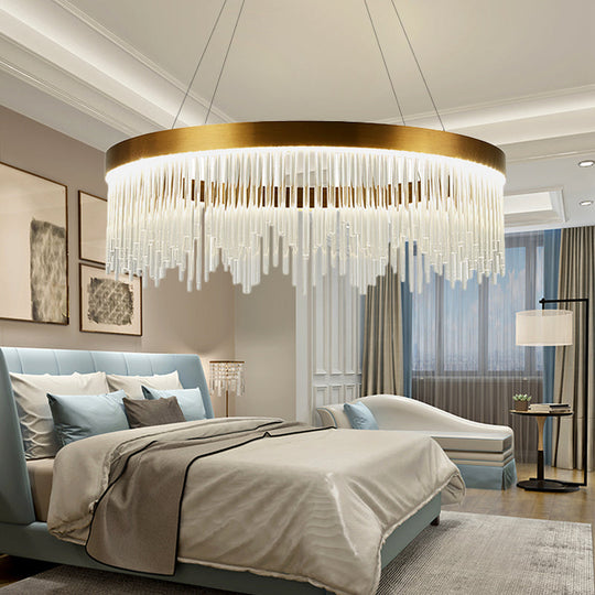 Gold LED Crystal Icicles Chandelier - 16"/23.5"/31.5" Dia - Simple Ring Design - Bedroom Ceiling Light