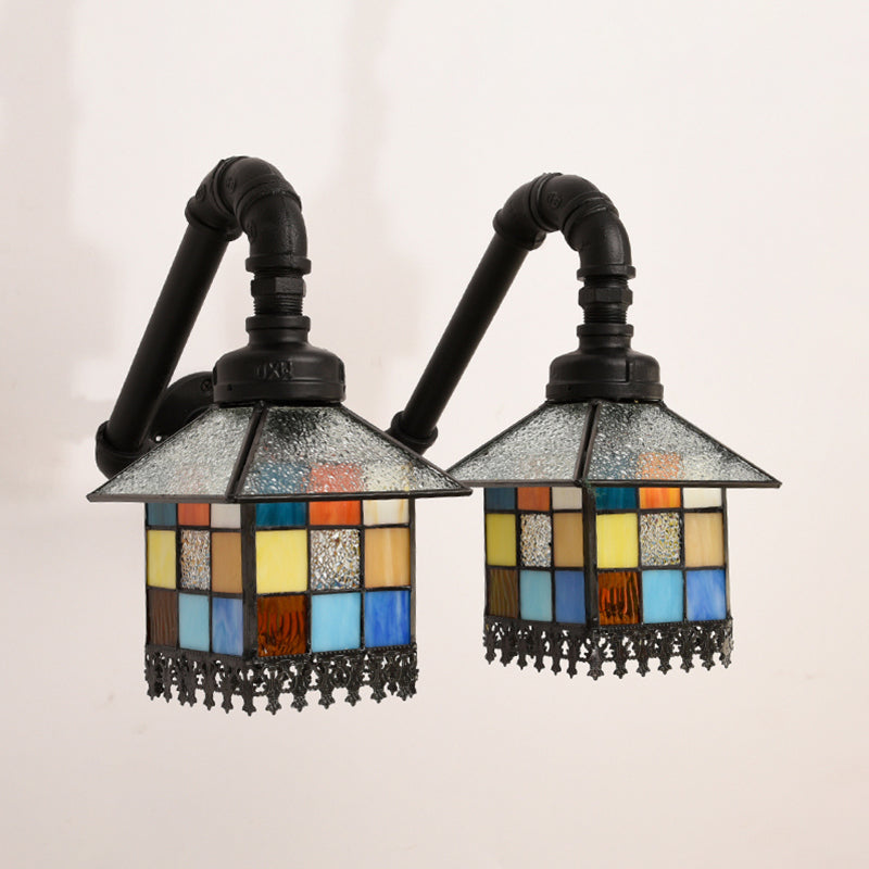 2-Light Tiffany Loft Style Stained Glass Wall Sconce With Blue/Clear Accents