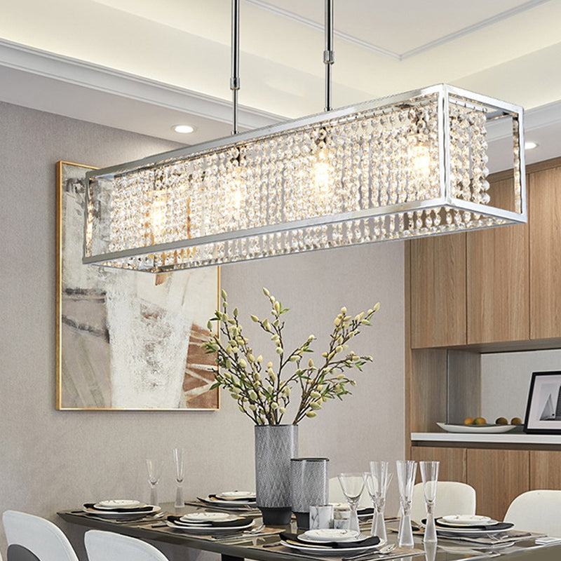 Contemporary Cuboid Island Pendant Chandelier With Crystal Drops Chrome