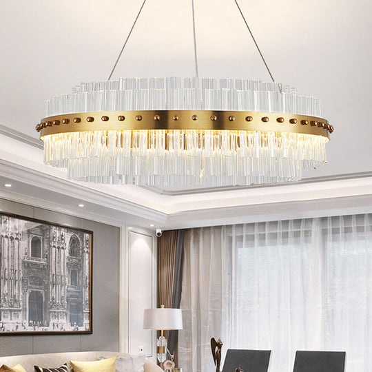 Modernist Gold Chandelier: Dual-Layered Clear Glass Shade, LED Ceiling Pendant for Living Room - 19.5"/23.5"/27.5" Width