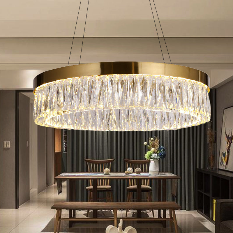 Simple Ring Ribbed Crystal Pendant Chandelier Led Gold Hanging Lamp - 23.5/31.5 Diameter For Dining