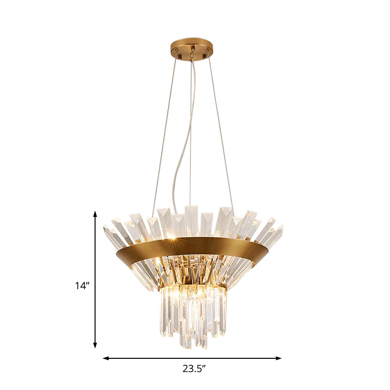 Transitional 9-Light Gold Crystal Tapered Icicle Chandelier - 7"/14" H Pendant Light