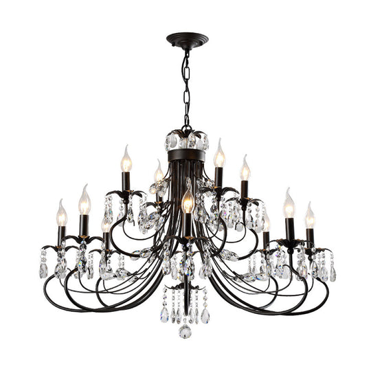 Traditional Iron Tiered Candle Chandelier Pendant with Crystal Drops - 6/8/12 Lights, Black Hanging Light