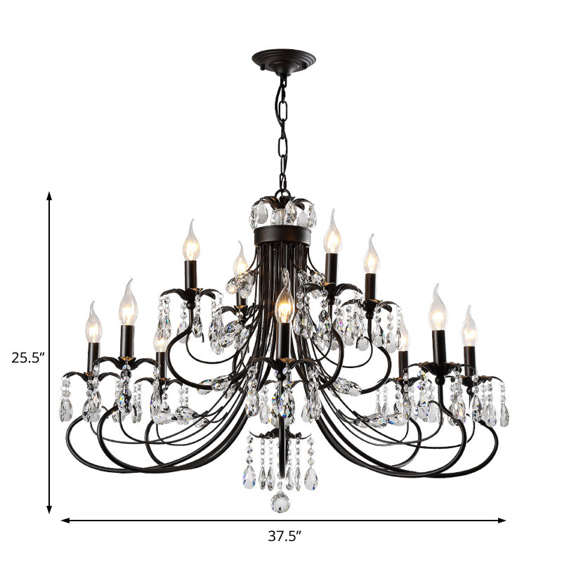 Traditional Iron Tiered Candle Chandelier Pendant with Crystal Drops - 6/8/12 Lights, Black Hanging Light
