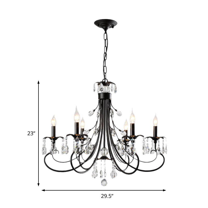 Traditional Iron Candle Chandelier Pendant - 6/8/12 Light Black Hanging With Crystal Drops