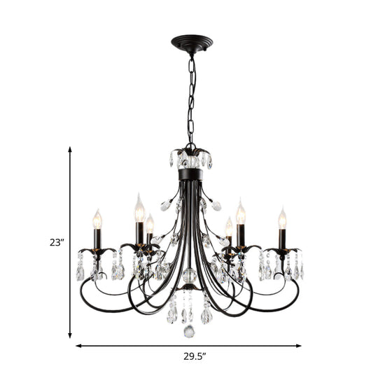 Traditional Iron Candle Chandelier Pendant - 6/8/12 Light Black Hanging With Crystal Drops