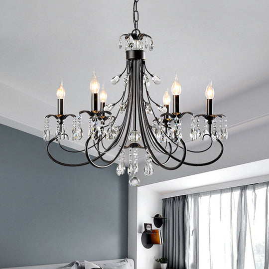 Traditional Iron Candle Chandelier Pendant - 6/8/12 Light Black Hanging With Crystal Drops 6 /