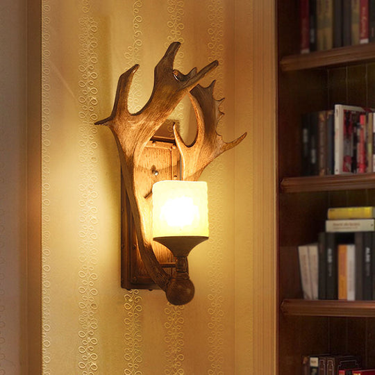 Retro Antler Resin Wall Mount Light With Frosted Glass Shade - 1-Light Brown Finish Ideal For Study