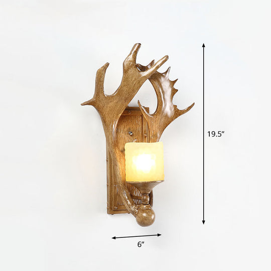 Retro Antler Resin Wall Mount Light With Frosted Glass Shade - 1-Light Brown Finish Ideal For Study