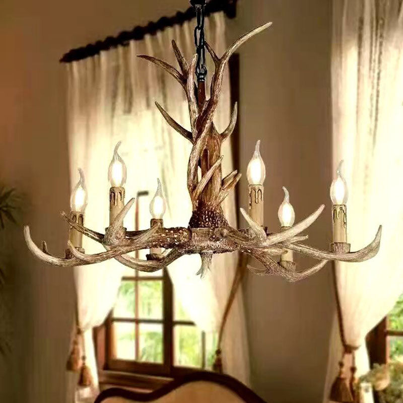 Brown Resin Chandelier Light Fixture - Traditional Antler Ceiling Lighting For Living Room