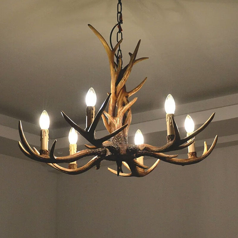 Brown Resin Chandelier Light Fixture - Traditional Antler Ceiling Lighting For Living Room