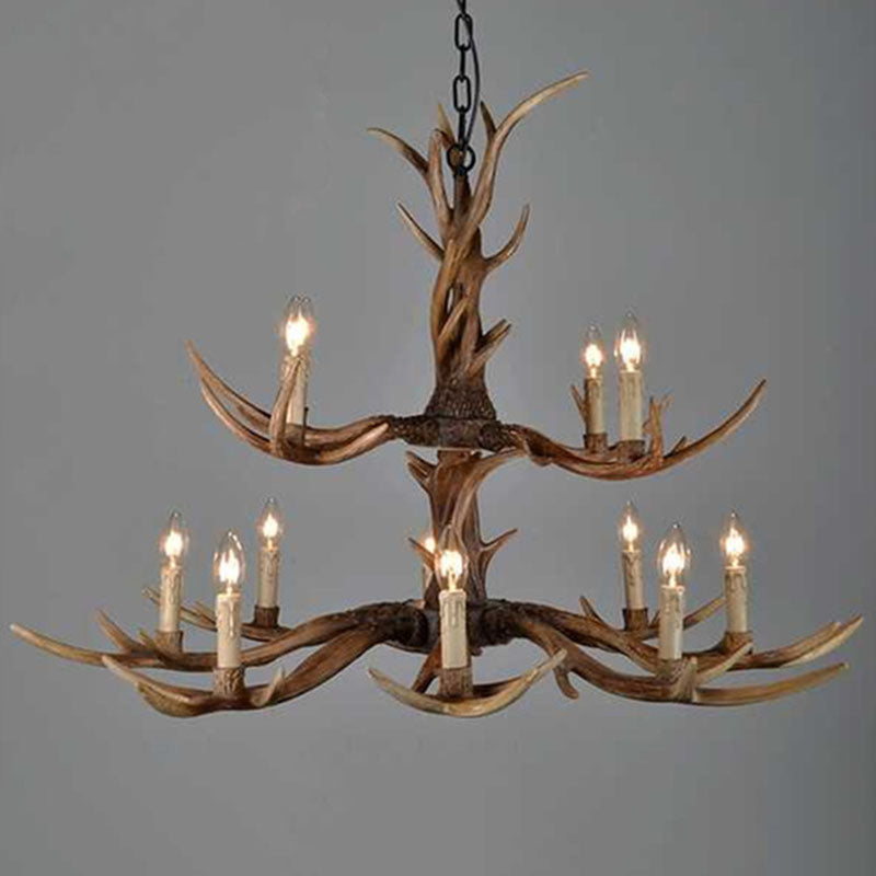 Brown Resin Chandelier Light Fixture - Traditional Antler Ceiling Lighting For Living Room