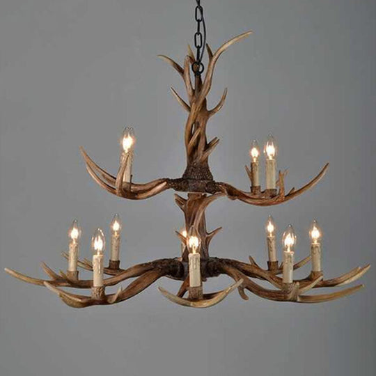 Brown Resin Chandelier Light Fixture - Traditional Antler Ceiling Lighting For Living Room 12 /