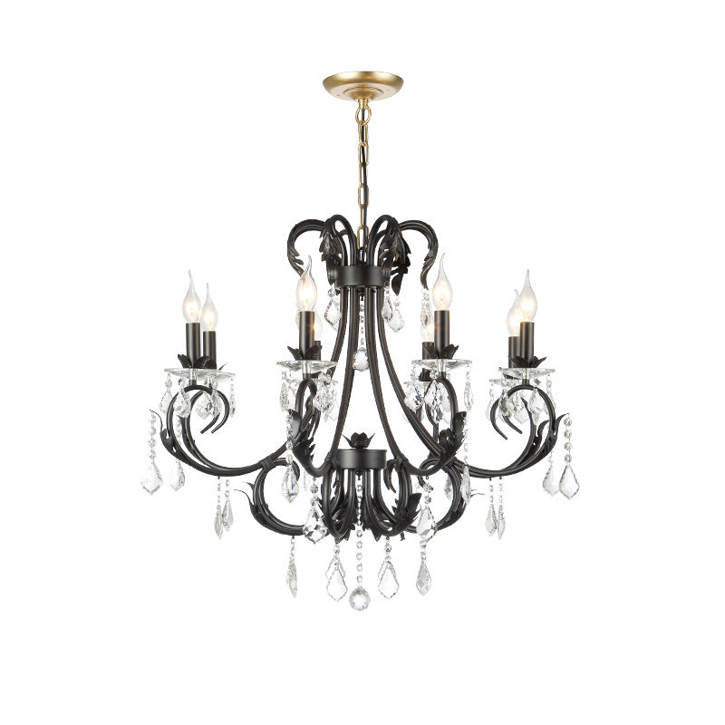 Black Metal Chandelier Lamp With Crystal Drops - Traditional Candle Ceiling Pendant (6/8 Lights)