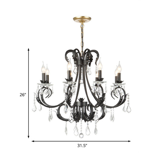 Black Metal Chandelier Lamp With Crystal Drops - Traditional Candle Ceiling Pendant (6/8 Lights)