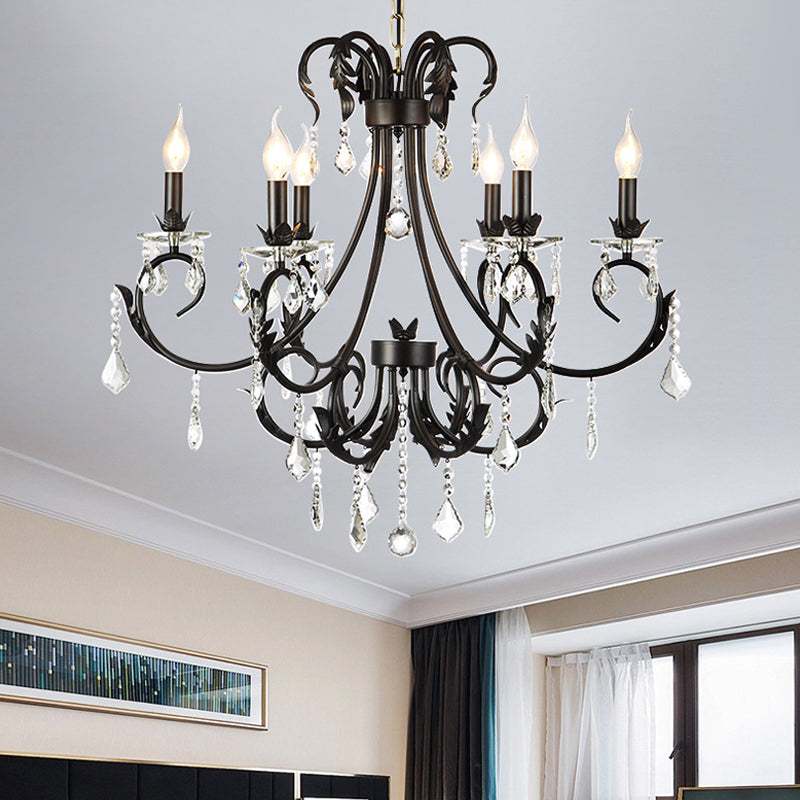 Black Metal Chandelier Lamp With Crystal Drops - Traditional Candle Ceiling Pendant (6/8 Lights) 6 /