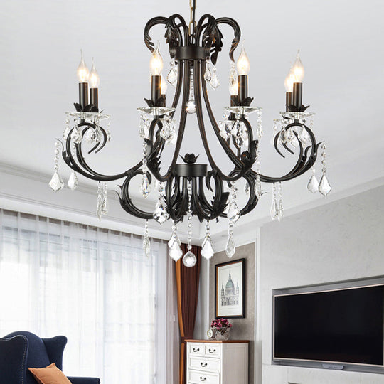 Black Candle Chandelier with Crystal Drops - Traditional Ceiling Pendant Lamp (6/8 Lights)