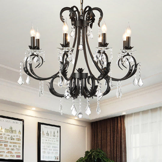 Black Candle Chandelier with Crystal Drops - Traditional Ceiling Pendant Lamp (6/8 Lights)