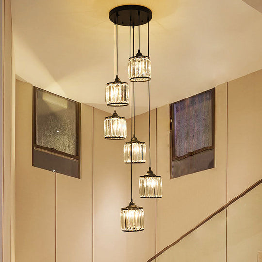 Modern Drum Pendant Crystal Staircase Lighting In Black - Multi Light & Tri-Prism Design