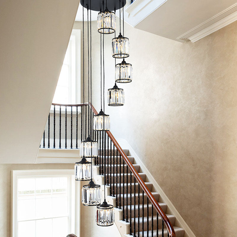 Modern Drum Pendant Crystal Staircase Lighting In Black - Multi Light & Tri-Prism Design 9 /