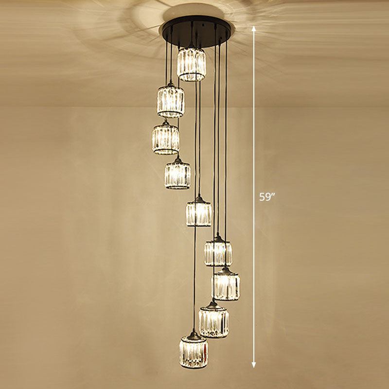 Modern Drum Multi-Light Pendant with Tri-Prism Crystal Staircase Hanging Lighting in Black