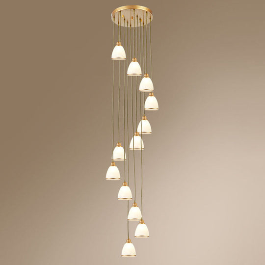 Simplicity Cream Glass Staircase Hanging Light With Spiral Bell Shade - Multi Pendant 12 / Gold