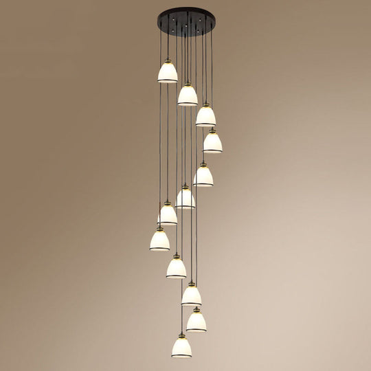 Simplicity Cream Glass Staircase Hanging Light With Spiral Bell Shade - Multi Pendant 12 / Black