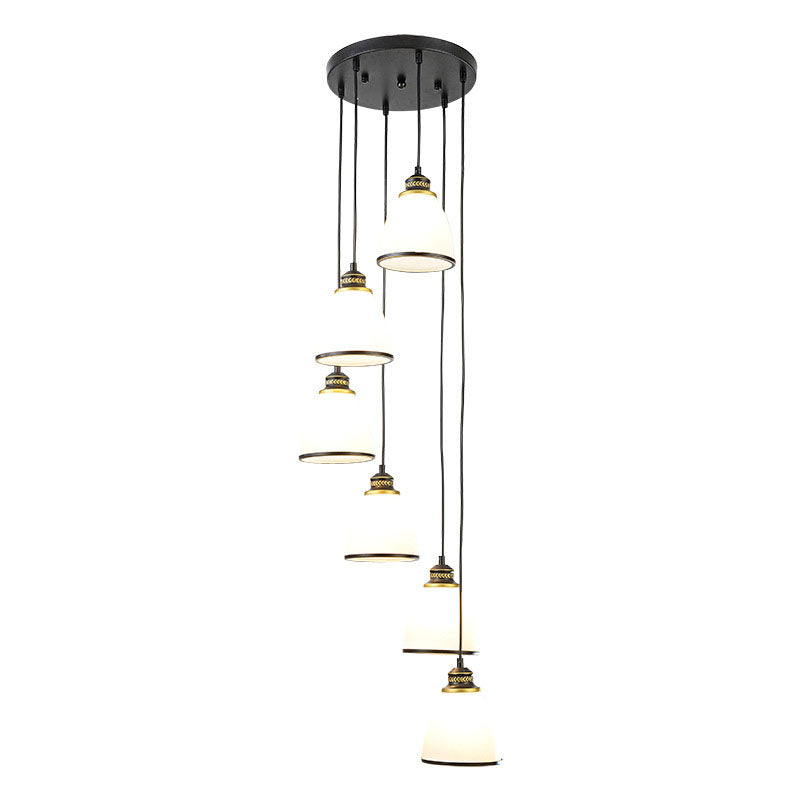 Simplicity Cream Glass Staircase Hanging Light With Spiral Bell Shade - Multi Pendant