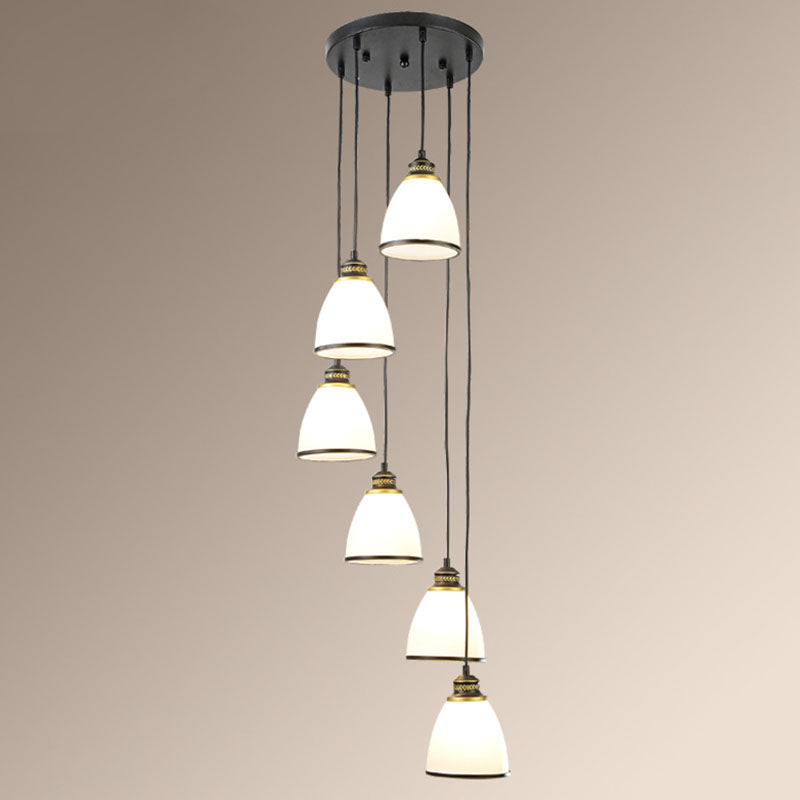 Simplicity Cream Glass Staircase Hanging Light With Spiral Bell Shade - Multi Pendant 6 / Black