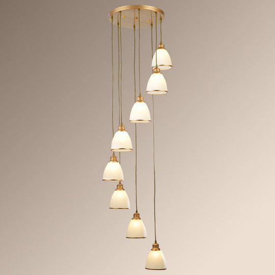 Simplicity Cream Glass Staircase Hanging Light With Spiral Bell Shade - Multi Pendant 8 / Gold
