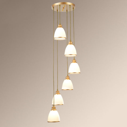 Simplicity Cream Glass Staircase Hanging Light With Spiral Bell Shade - Multi Pendant 6 / Gold